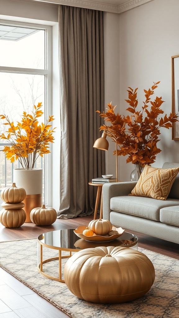 Cozy living room decorated for fall with metallic accents, including gold pumpkins and a stylish coffee table.