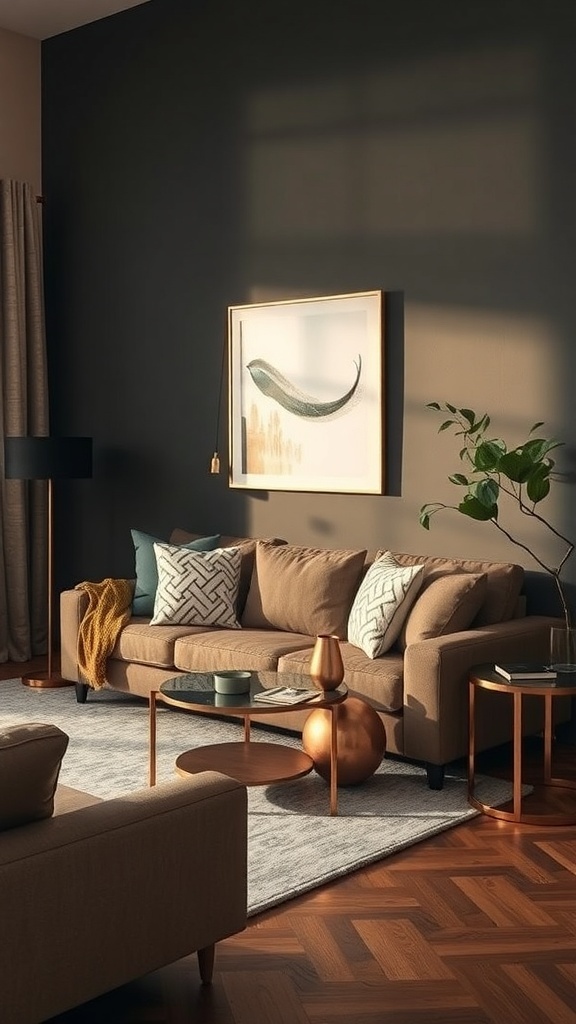 A cozy living room with a brown sofa, metallic accents, and warm lighting.