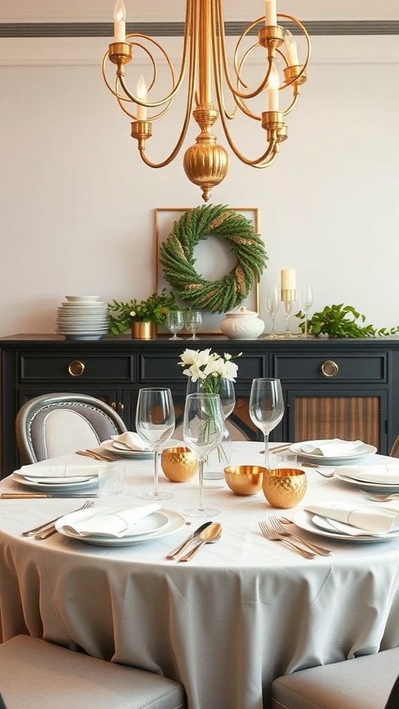 A beautifully set fall dining table featuring a golden chandelier, gold bowls, and a green wreath.
