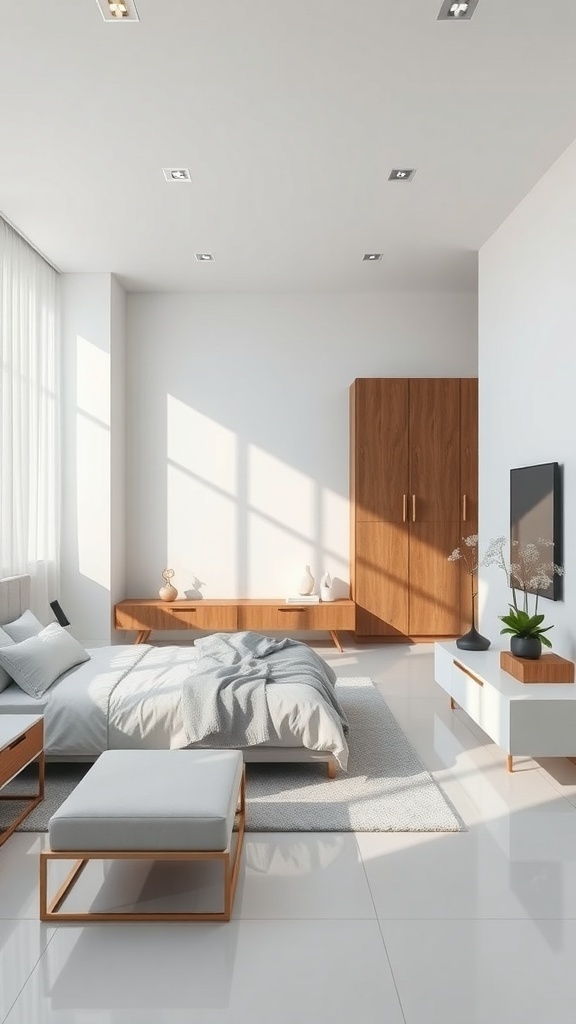 A modern bedroom featuring minimalist furniture with a clean and open design.