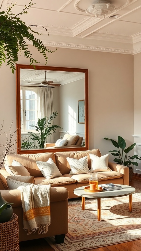 Cozy living room with a large mirror reflecting light and plants.