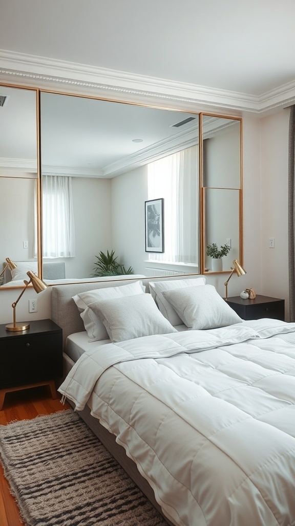 A modern bedroom featuring a large mirror above the bed, enhancing the room's brightness and depth.
