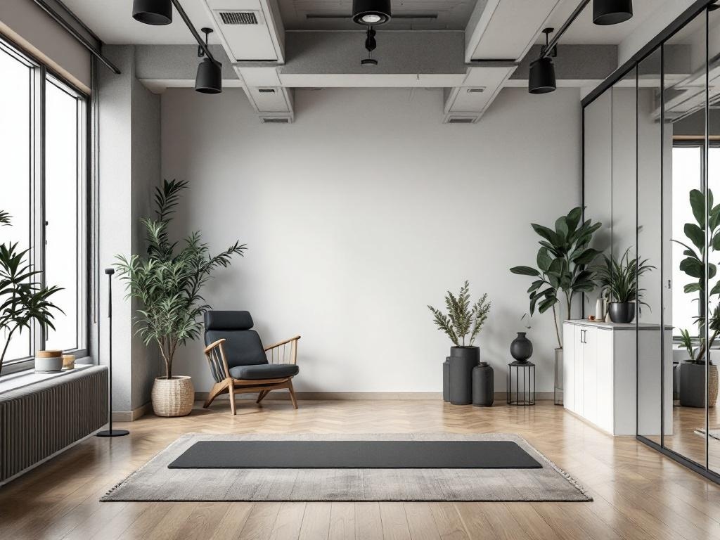 A modern home gym featuring a large mirror, plants, and natural light.