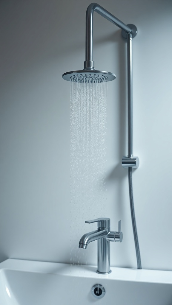 Modern bathroom fixtures including a sleek showerhead and faucet