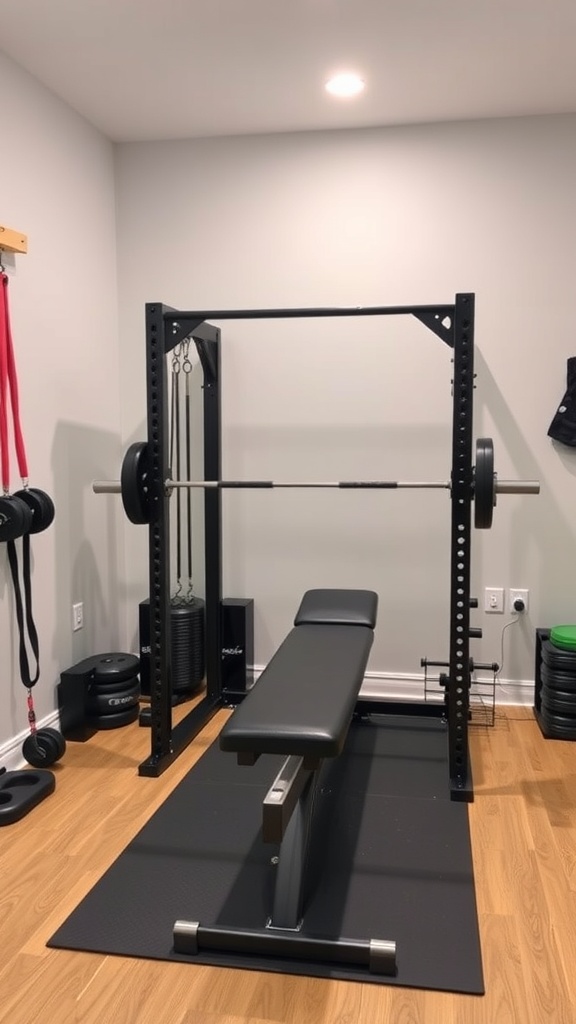 A home gym featuring a squat rack with a barbell and a bench, showcasing a clean and organized workout space.