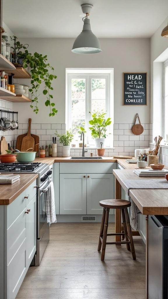 A cozy galley kitchen featuring multi-functional furniture, open shelving, and plants.