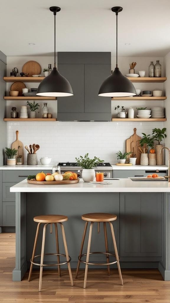 A modern kitchen featuring multi-functional furniture, including bar stools and open shelves.