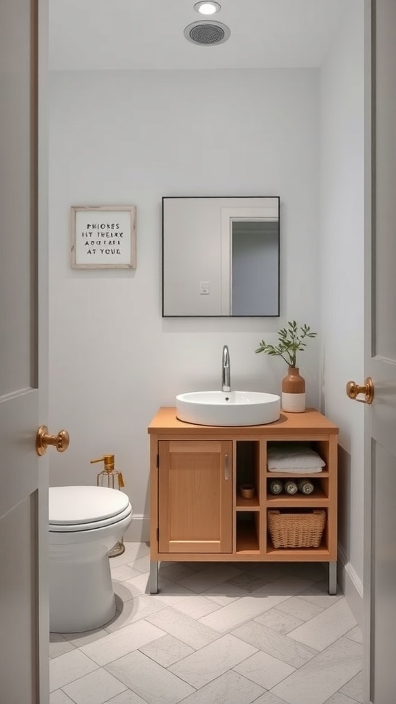 A small bathroom with a modern vanity unit featuring a sink, storage shelves, and a mirror.