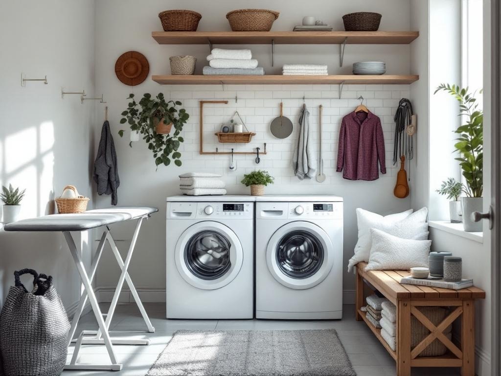 A small laundry room with white appliances, wooden shelves, a bench, and plants.