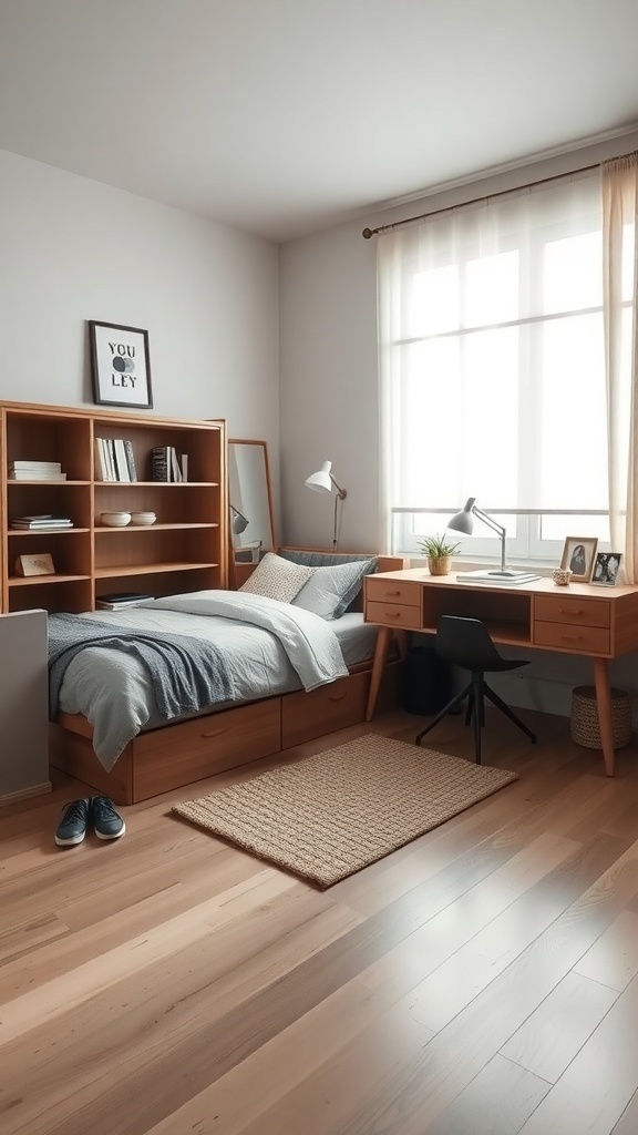 A simple bedroom layout featuring a bed with storage, a desk, and a cozy rug.