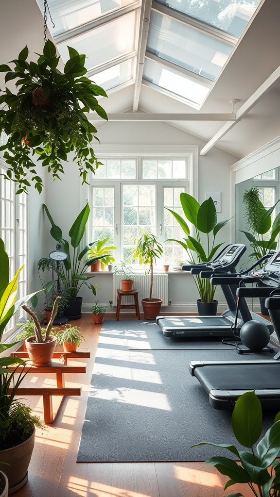 A bright home gym featuring large windows, skylights, and various plants for a refreshing atmosphere.