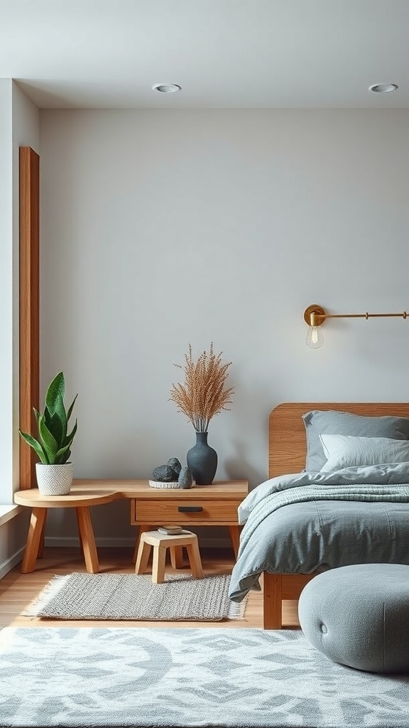A serene bedroom interior featuring wooden furniture, gray bedding, and natural elements like plants and dried flowers.