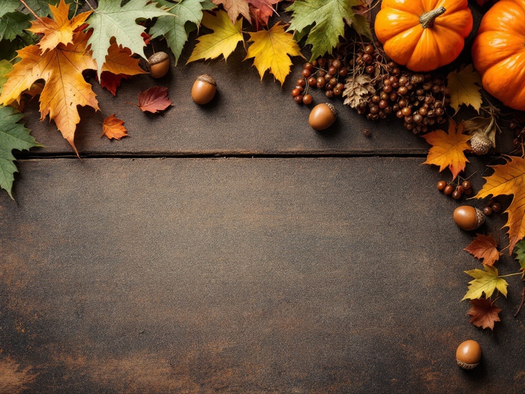 A rustic table setting with autumn leaves, pumpkins, and acorns.