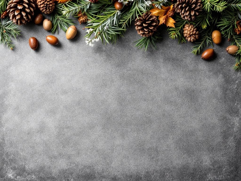 A decorative arrangement of pinecones, acorns, and greenery on a grey surface.