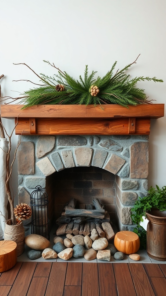 A cozy fireplace decorated with natural elements like pinecones and greenery.