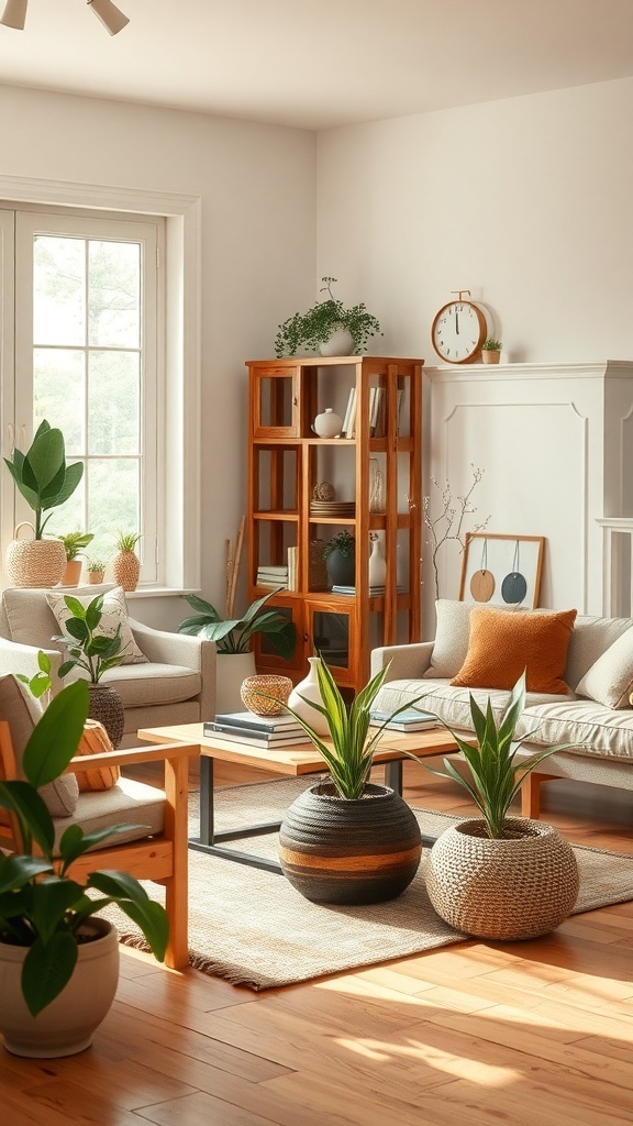 A cozy living room with wooden furniture, plants, and natural light.