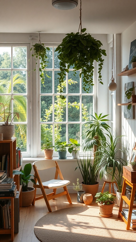 A bright artist's room filled with various plants, sunlight streaming through large windows, and wooden furniture.