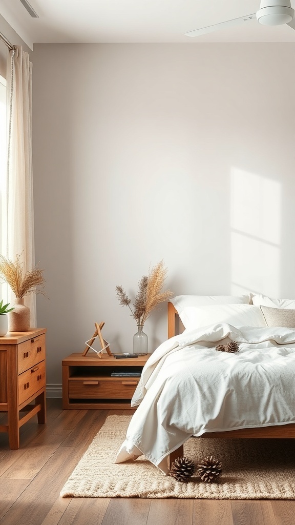 A cozy bedroom with wooden furniture, dried plants, and pinecones, creating a natural fall decor.