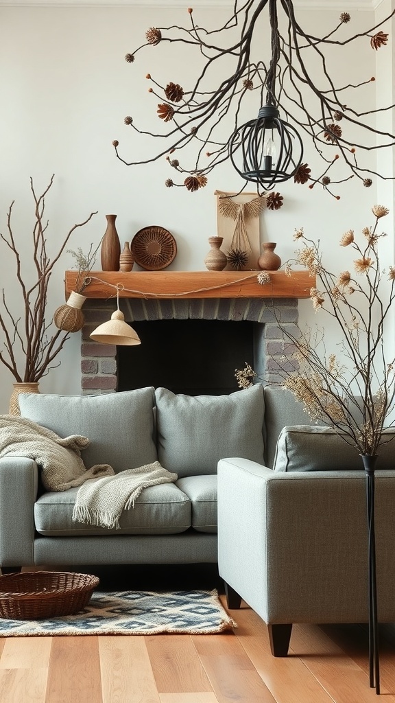 A cozy living room featuring natural decor elements like branches, pinecones, and pottery.