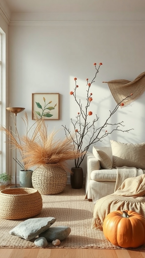A cozy living room with natural elements, including a pumpkin, dried grasses, and decorative stones.