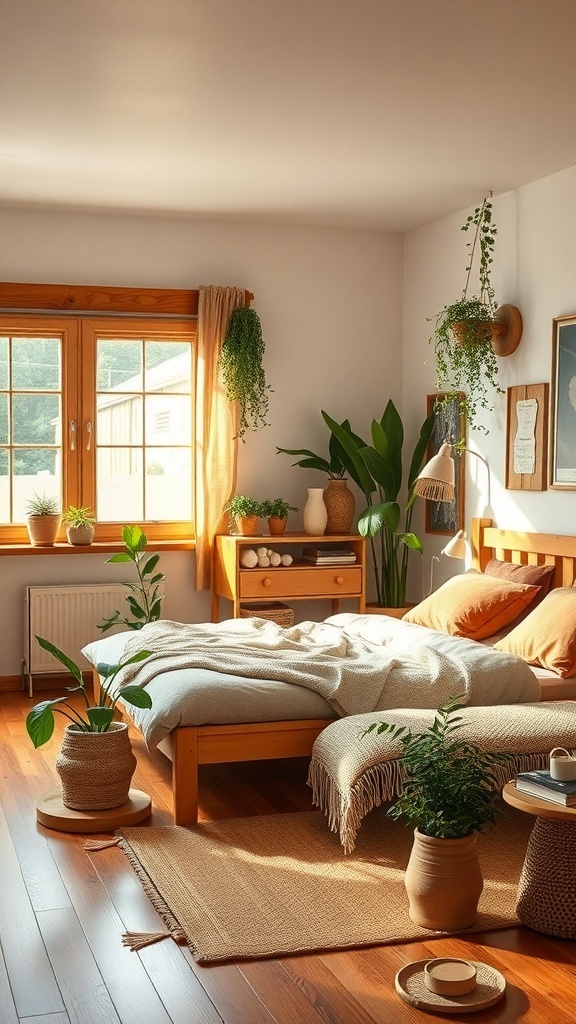 A warm bedroom with wooden furniture, plants, and natural light.