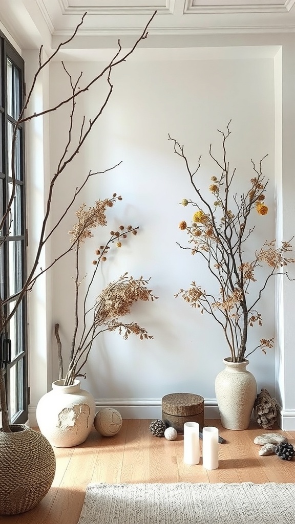 A cozy corner with tall branches in vases, dried flowers, and candles, showcasing natural elements for fall decorating.