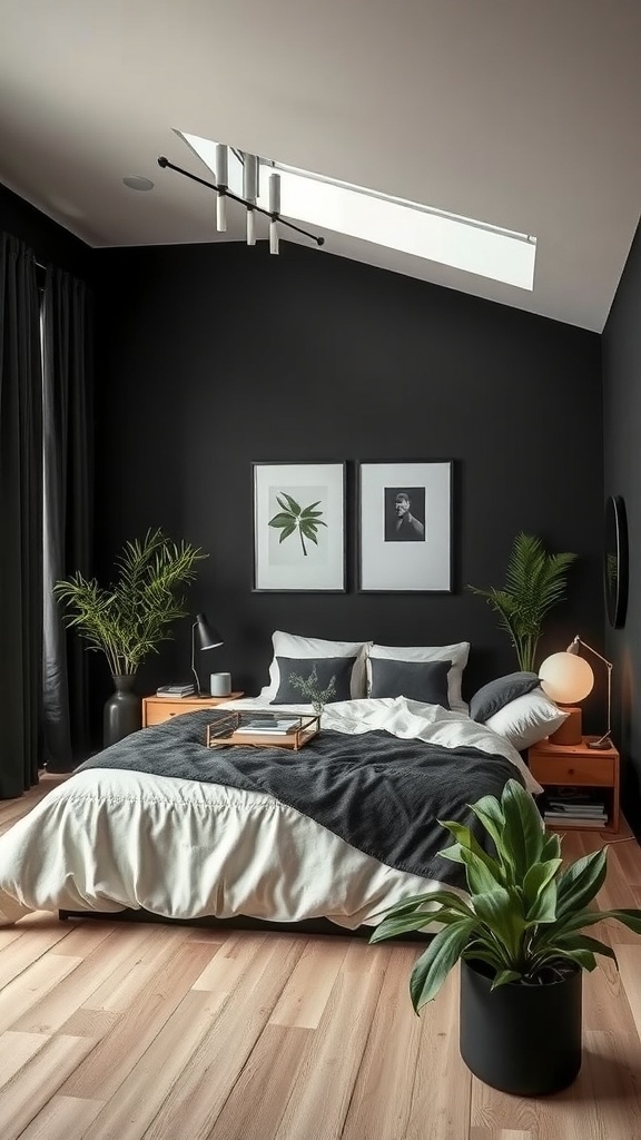 A stylish black and cream bedroom featuring plants and modern decor.