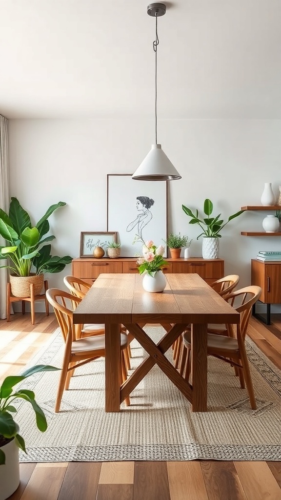 A modern farmhouse dining room with wooden furniture and plants.