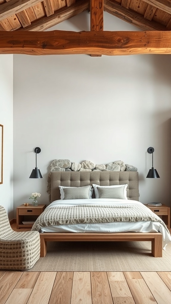 A cozy bedroom featuring earthy tones with wooden furniture and stone accents.