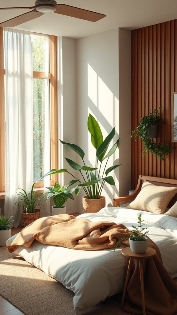 A cozy bedroom with plants, a warm blanket, and natural light.