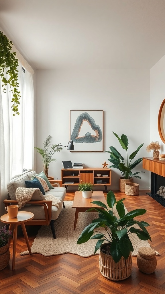 A modern living room with natural elements, featuring plants, wooden furniture, and a cozy atmosphere.