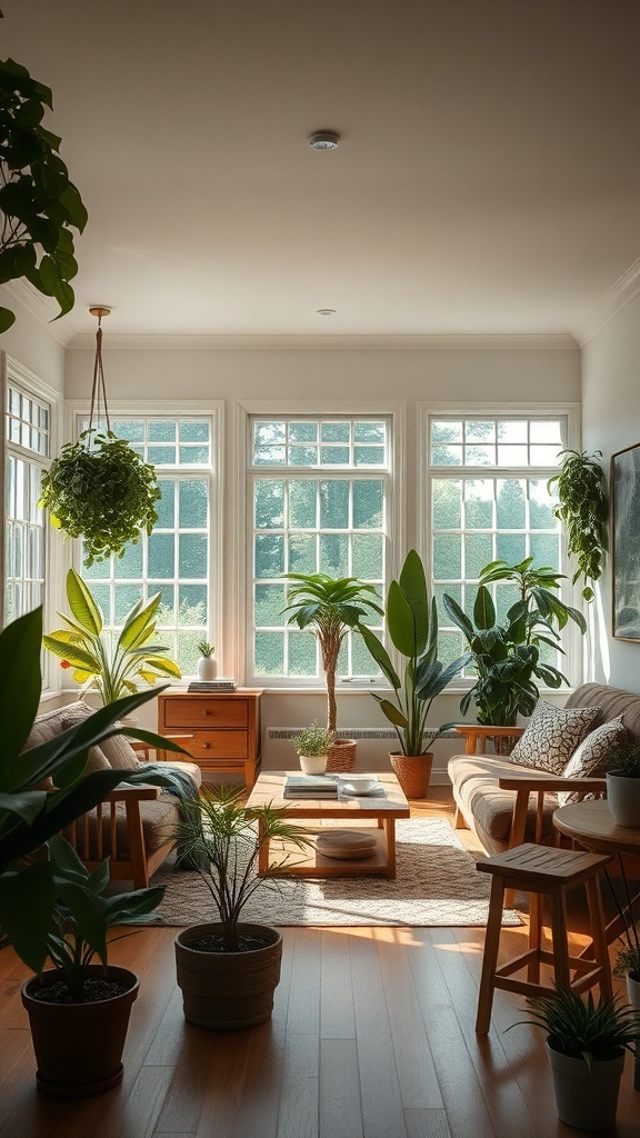 A bright living room filled with various indoor plants, wooden furniture, and large windows letting in natural light.