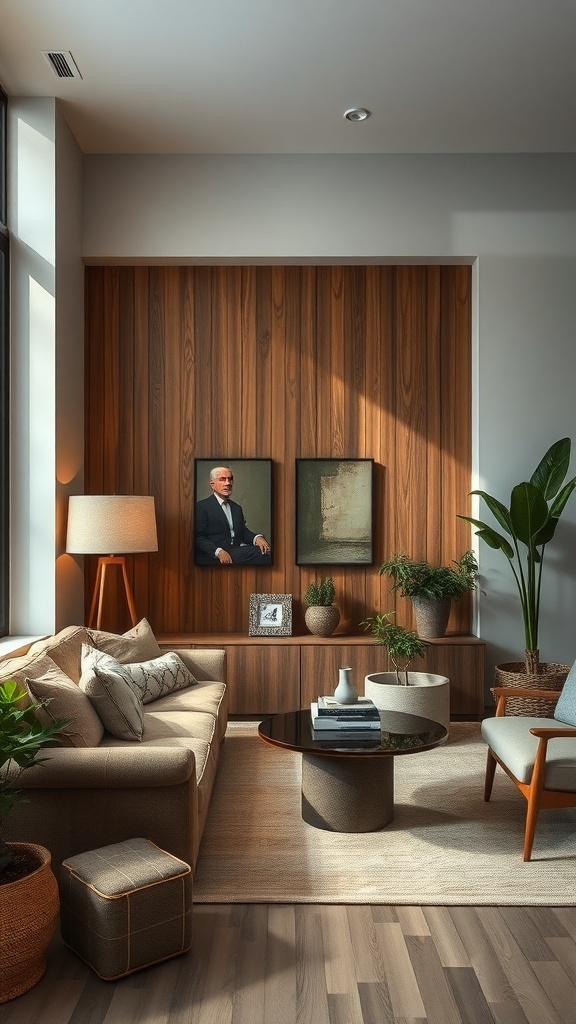 Warm-tone living room with natural elements like plants and wooden decor.