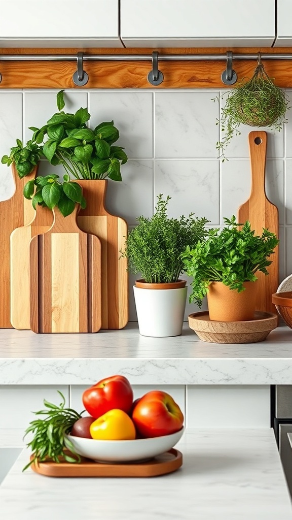 A kitchen countertop with potted herbs, wooden cutting boards, and a bowl of colorful fruits.