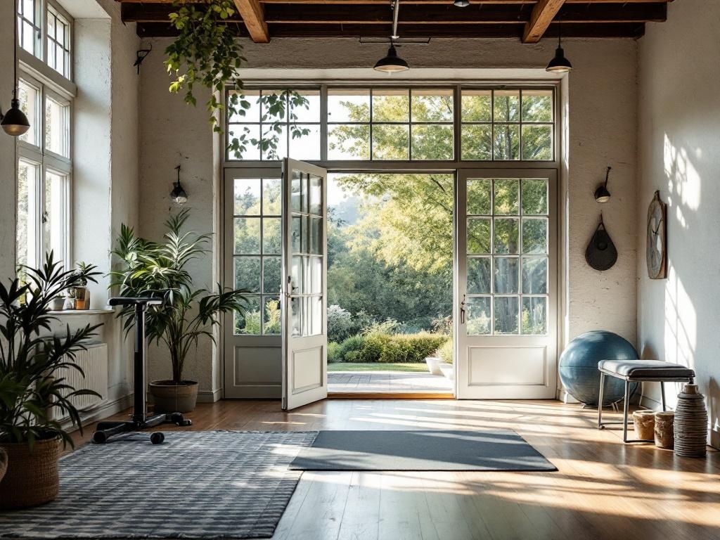 A bright home gym with large windows, open doors, and plants, showcasing natural light and ventilation.