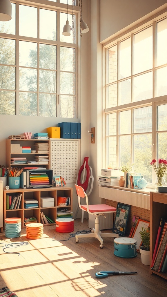 Bright and airy craft room with large windows and colorful supplies