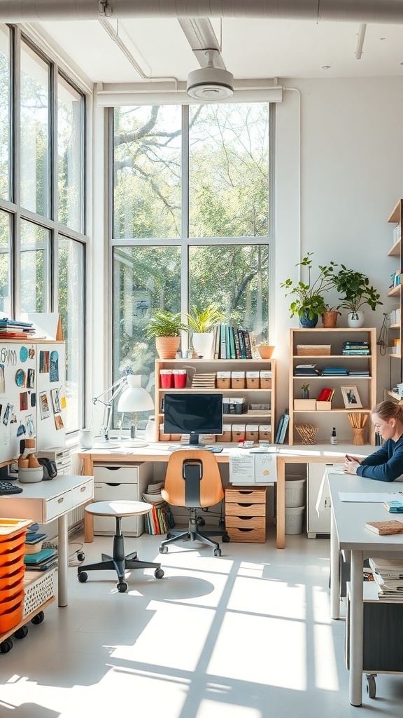 Bright craft room with large windows and natural light