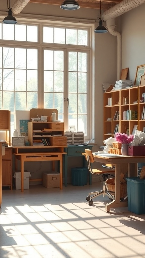 A bright and airy craft room with large windows, wooden furniture, and organized shelves.