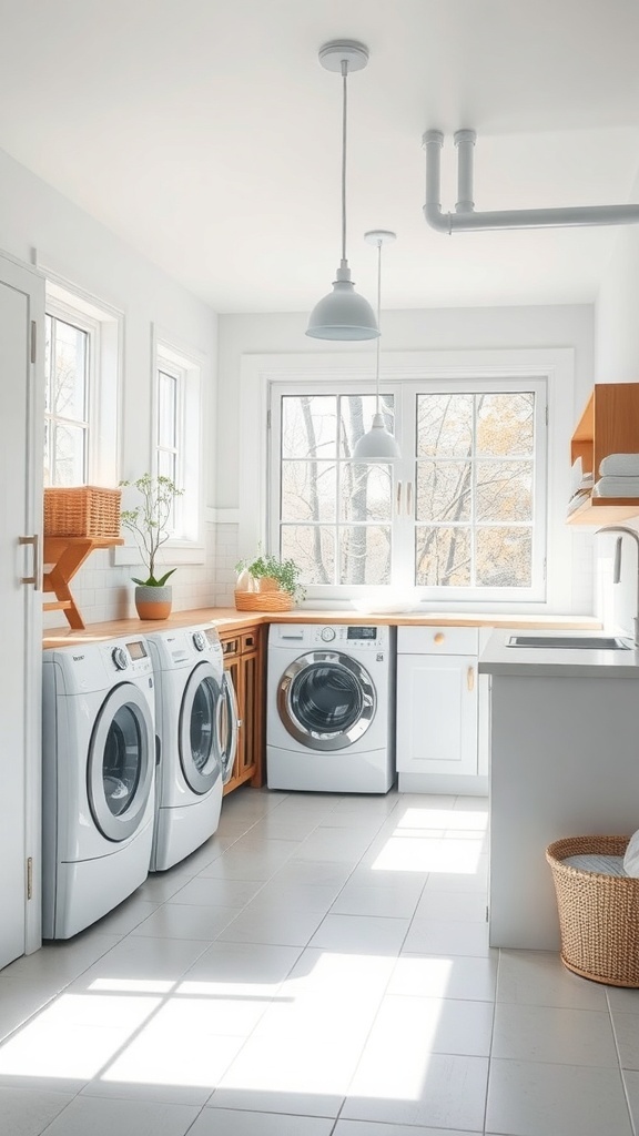 Bright laundry room with large windows, white cabinetry, and potted plants