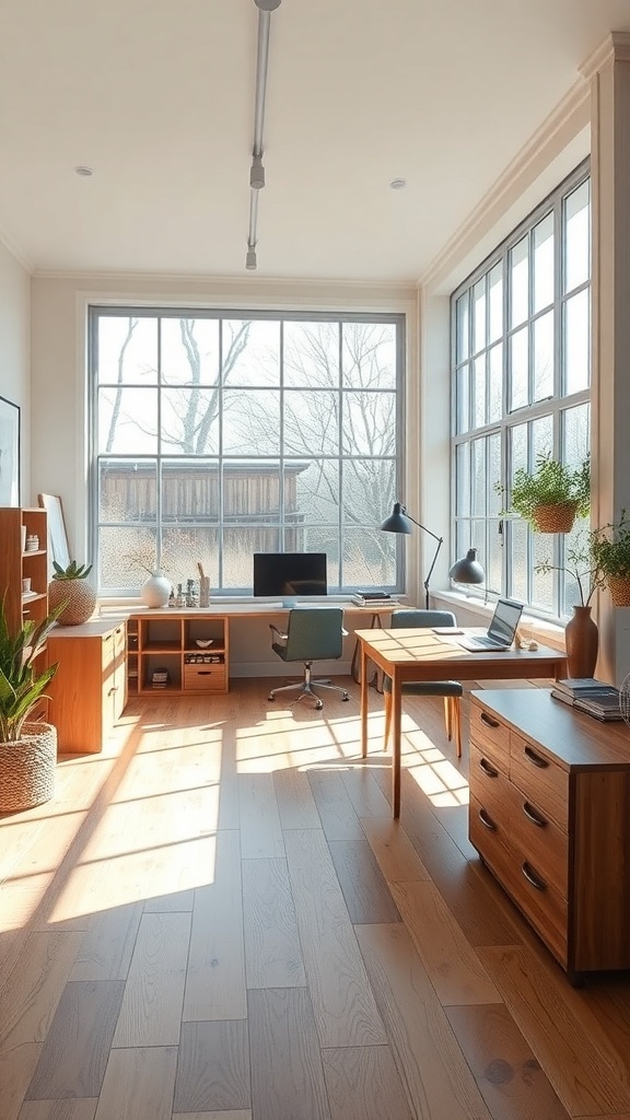 Bright modern farmhouse office with large windows and wooden furniture.