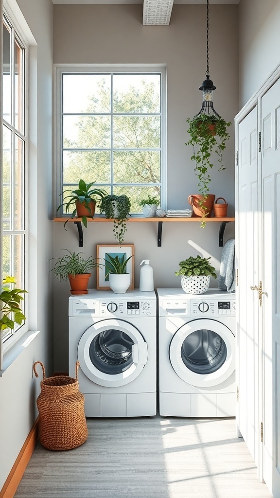 Bright laundry room with large windows, plants, and modern appliances.