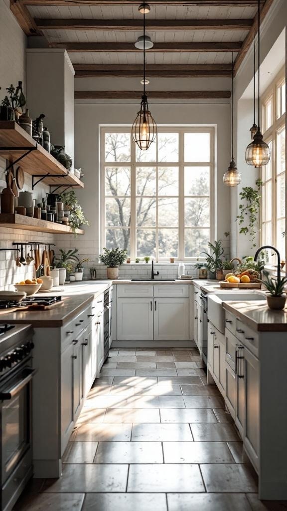 A bright galley kitchen with large windows, wooden beams, and plants on the shelves.