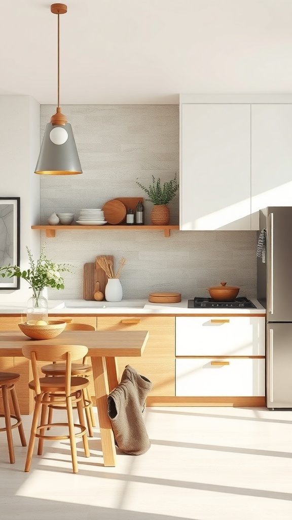 A neutral kitchen featuring wooden shelves, a round table, and soft lighting.