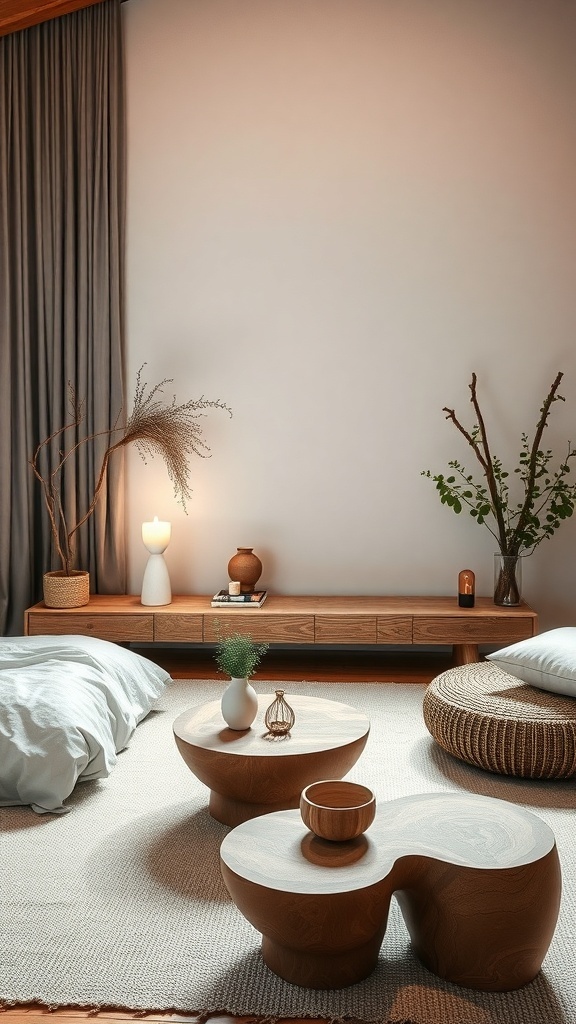 A cozy bedroom featuring natural shapes with wooden furniture and soft textiles.
