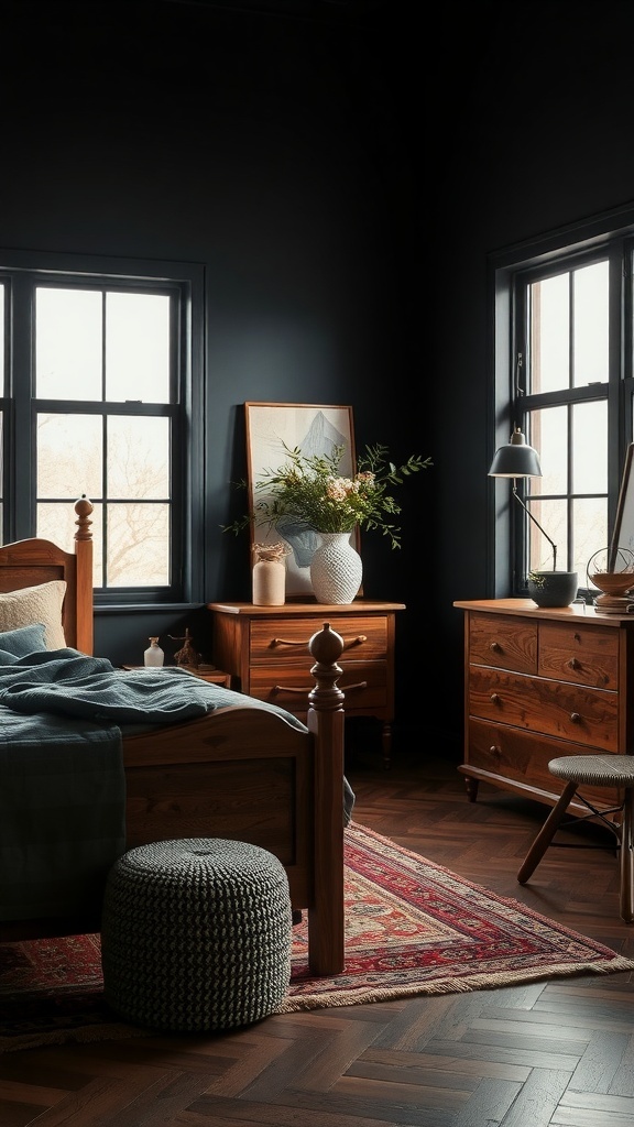 A cozy black and tan bedroom featuring natural wood elements.