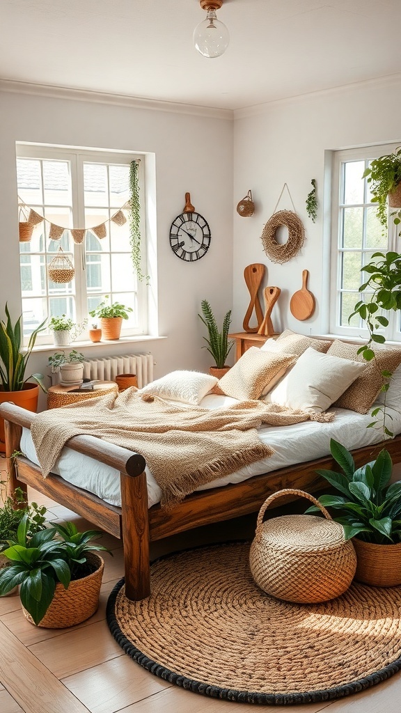 A cozy bedroom featuring a rustic bed frame, plants, and natural decor.