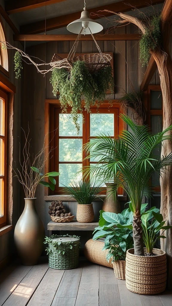 A rustic indoor space filled with various plants and natural decor.