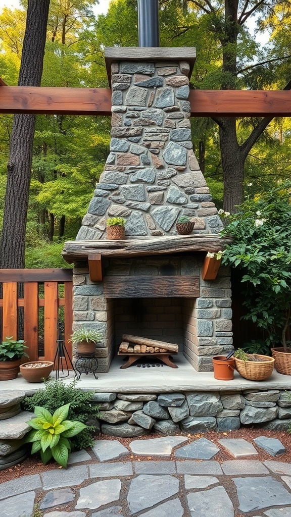 A rustic outdoor fireplace made of stone with wooden accents, surrounded by plants and trees.