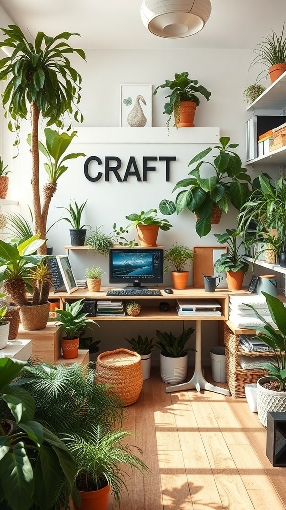 A cozy craft room filled with various plants and a workspace.