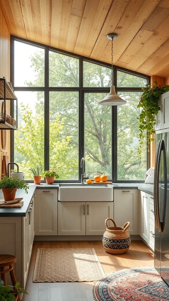 A bright boho kitchen with large windows, wooden ceiling, and potted plants.